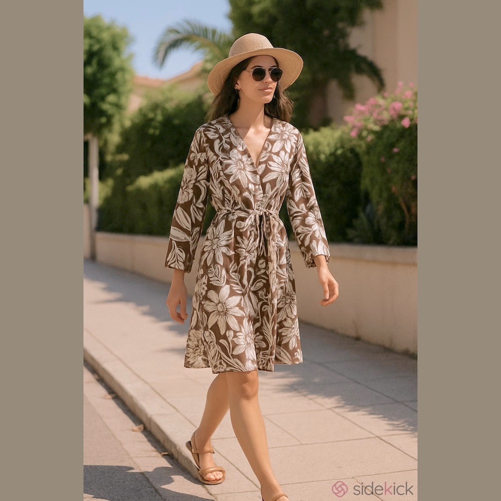 Echo Dress Women Size M Tropical Floral Neutral Taupe Cream All Cotton